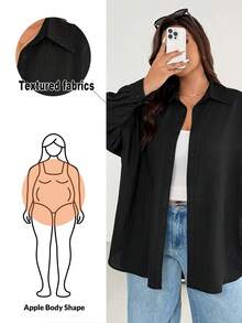 Shapeblank Plus Size Women's Apple-Shaped Body Autumn Black Smart Casual Button Shirt,Everyday Texture Fabric Loose Comfortable Versatile Simple Oversize Tops - Black - View 1