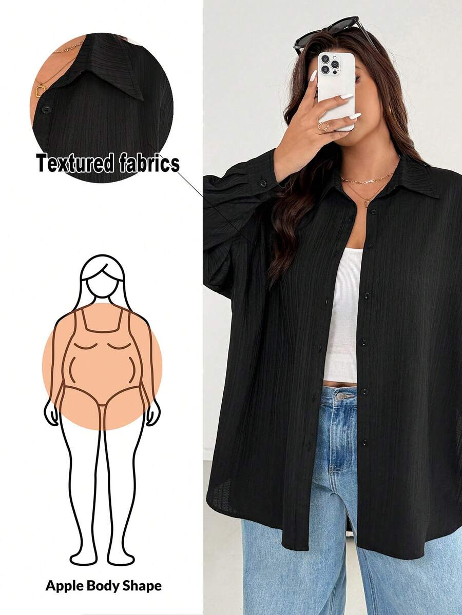 Shapeblank Plus Size Women's Apple-Shaped Body Autumn Black Smart Casual Button Shirt,Everyday Texture Fabric Loose Comfortable Versatile Simple Oversize Tops - Black - View 1