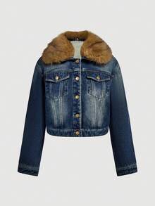 Sweetra Fashionable Casual Retro Vintage Faux Fur Collar Composite Fleece Denim Jacket - Medium Wash - View 10