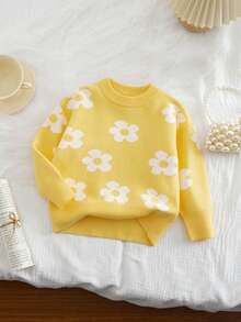 SHEIN Vintaside Kids 少女花卉图案圆领长袖休闲毛衣，秋冬 - 黃色 - 查看 1