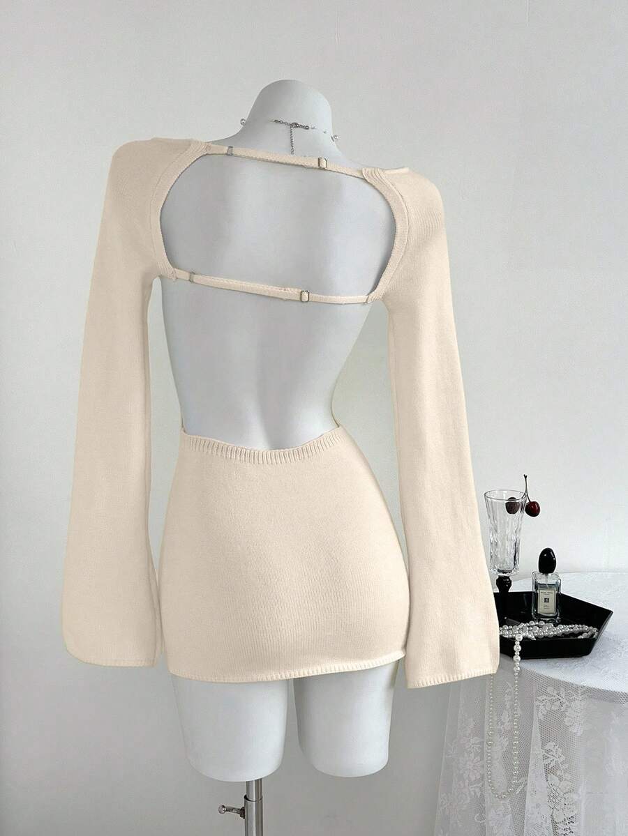 Elamini Vestido de suéter ajustado con mangas acampanadas y espalda abierta, minimalista y sexy, para mujer en otoño/invierno - Albaricoque - Ver 1