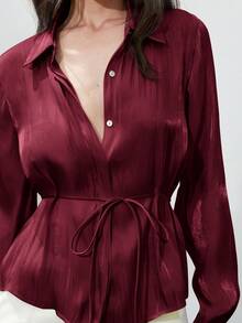 Aveloria Modichic New Fashionable Minimalist Elegant Women's Blouse With Lapel, Lustrous Satin Waist Drawstring, Slim Fit Long Sleeve Shirt