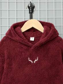 SHEIN Boys' Casual Embroidered Double-Sided Fleece Hooded Pullover Sweatshirt - Red - View 5