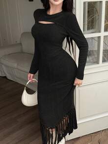 Feyla 女士纯色圆领长袖镂空流苏下摆修身连衣裙 - 黑色 - 查看 6