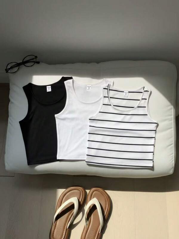 Conjunto de 3 piezas de chalecos para niña preadolescente, casual, versátil y fácil de combinar, con rayas simples en blanco y negro