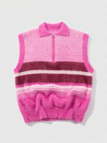 ROMWE MEN Street Life Men's Casual Everyday Contrast Color Zipper Half-Zip Fleece Knit Sweater Vest - Hot Pink - View 5