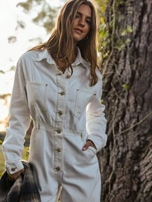 Aralina Bộ đồ liền thân denim mùa hè / đông / thu có chi tiết vàng phù hợp với trang phục hòa nhạc đồng quê mùa thu phong cách đường phố Y2K Stockholm - Màu be - Xem 9