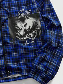 ROMWE MEN Street Life Sudadera con capucha con cremallera con estampado de cuadros y figuras en contraste para hombres, parte superior de manga larga - Azul - Ver 4