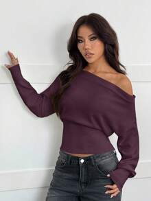 SHEIN PETITE 女款大尺寸不對稱肩浪漫寬鬆針織毛衣，秋冬款，適合小個子女性 - 紫色 - 查看 4
