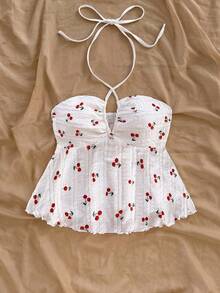 Soleia Áo ba lỗ dây mảnh họa tiết quả anh đào dễ thương cho kỳ nghỉ - trắng - Xem 4