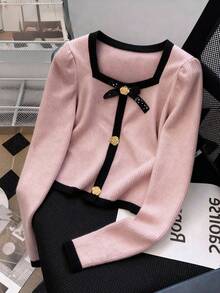 GlowEve 时尚新款黑白撞色方领泡泡袖亮片蝴蝶结玫瑰金纽扣针织二合一短款T恤，女士款，适合派对、节日、圣诞节、万圣节、度假、约会等场合。 - 粉色 - 查看 3