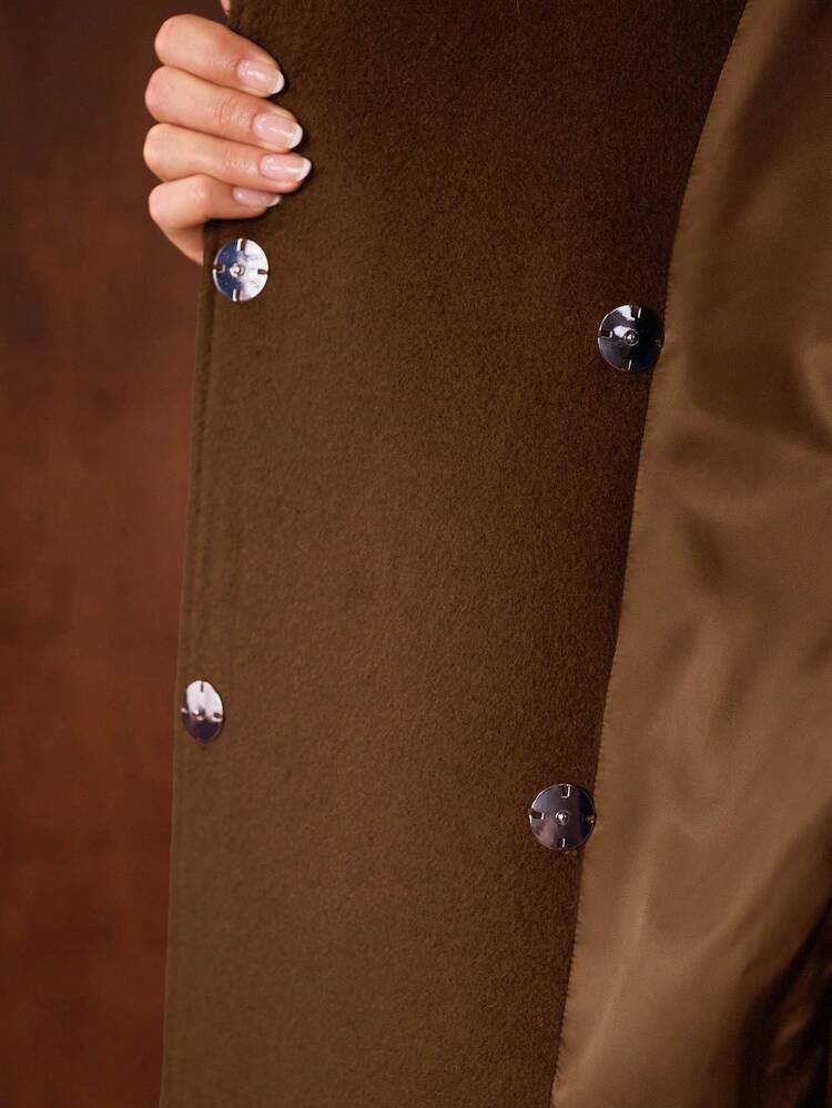 WOOL BLEND SOLID LAPEL COLLAR BELTED LONGLINE OVERCOAT
