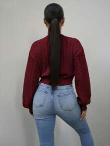SAYEHFBABY Solid Color Crew Neck Cable Knit Casual Pullover Sweater,Long Sleeve Tops Knit Pullover Fall Winter Outfit - Burgundy - View 2