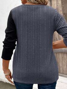 EMERY ROSE New Arrival Plus Size Women Casual Colorblock Oblique Placket Button Long Sleeve T-Shirt Fall - Multicolor - View 2