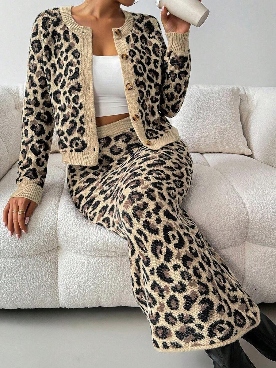 RosyDaze 2pcs/Set Fashionable Leopard Print Casual Loose Women Outfit, Autumn - Beige - View 1