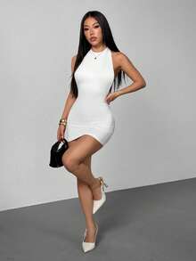 SHEIN PETITE Solid Color Criss-Cross Backless Sexy Casual Mini Dress Tight Short Dress White Sexy Dress Women White Bodycon Dress White Curve Dress White Club Dress - White - View 6