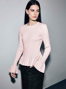 Lumivelle Sweater Pullover Pas Badan Lengan Lebar Warna Aprikot, Sweater Pink Musim Gugur/Dingin Lengan Lonceng Atasan Berkerut Pink - Berwarna merah muda - View 4