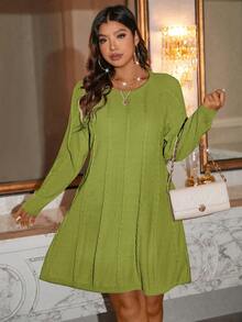 SHEIN LUNE Sukienka damska plus size, luźna, dzianinowa, z okrągłym dekoltem i długim rękawem, jesień/zima - Zielony - Zobacz 4