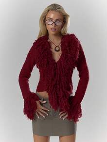 MUSERA Knit Shaggy Trim Fitted Cardigan Sweater Cosy Fluffy Cute Casual Coffee Club Winter Spring Valentines Day - Burgundy - View 5
