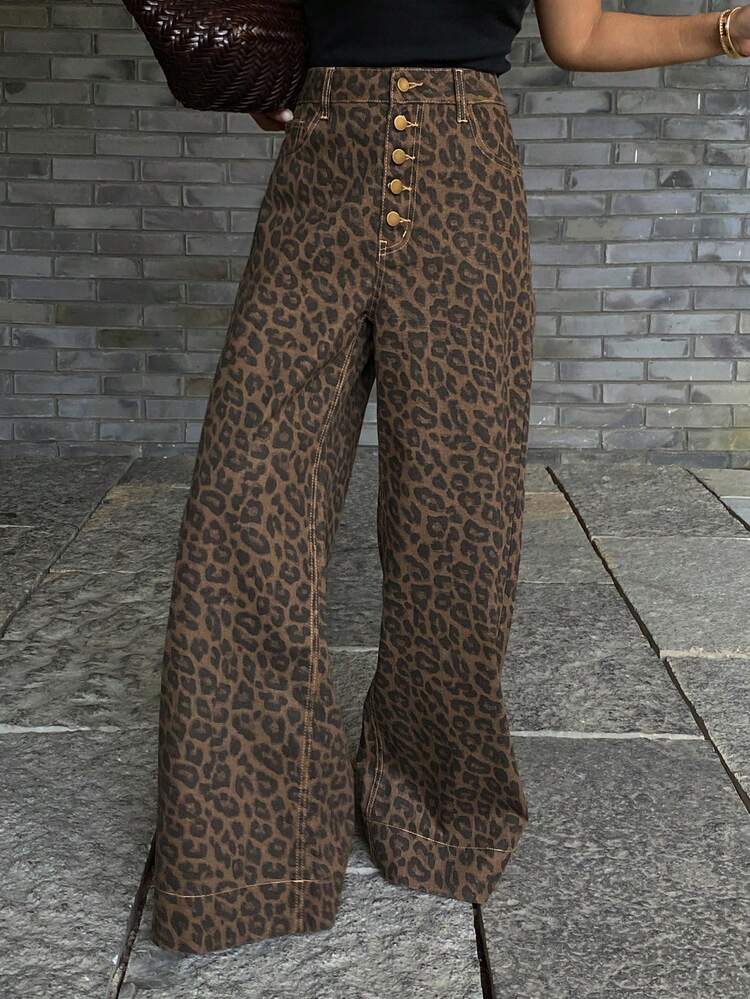 Women's Leopard Print Casual Loose Straight Leg Jeans