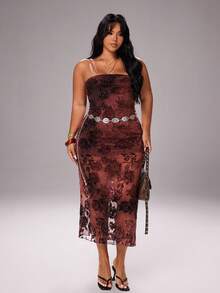 Rustia Váy suông hở vai cổ điển đính kim sa lấp lánh hoa hồng jacquard lưới nhung cho nữ - Cà phê nâu - Xem 6