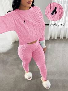 SHEIN SXY 两件套蓝白拼接刺绣针织休闲套装，秋冬款 - 粉色 - 查看 1