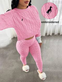 SHEIN SXY 2-częściowy, niebiesko-biały, haftowany, dzianinowy, casualowy komplet, jesień/zima