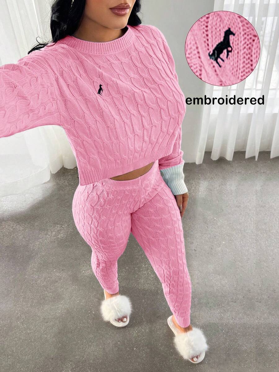 SHEIN SXY 两件套蓝白拼接刺绣针织休闲套装，秋冬款 - 粉色 - 查看 1