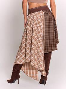 MUSERA 厚实铆钉腰带格纹不对称下摆中长裙，适合夜间外出、街头风、可爱性感、未裁剪优雅款 - 彩色 - 查看 5