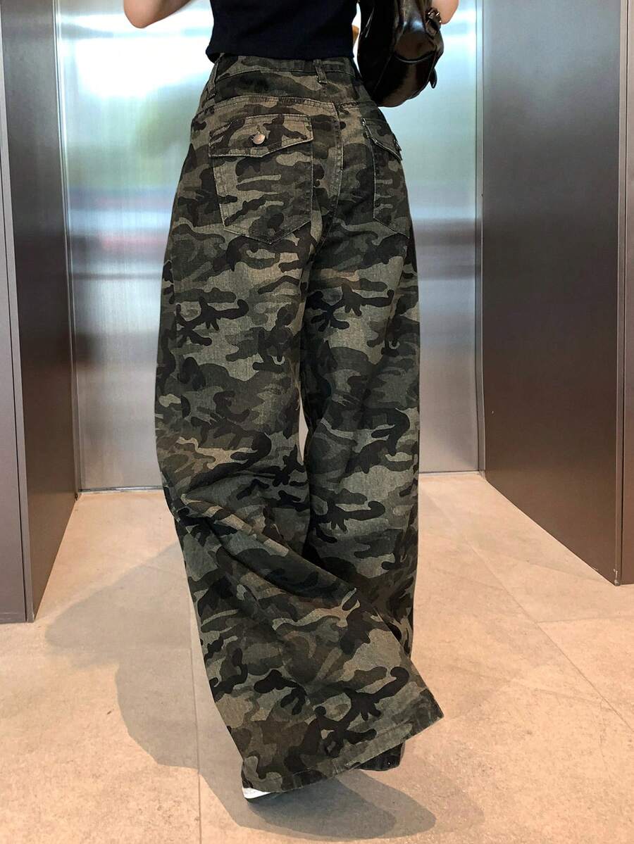 DAZY 女士宽松迷彩印花口袋休闲阔腿牛仔裤