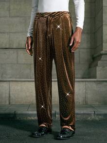 AKNOTIC Men's Solid Color Rhinestone Embellished Pleated Straight Leg Casual Pants - Gold - View 6