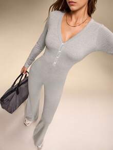 女士时尚休闲 V 领纽扣设计长袖喇叭连体裤，适合日常穿着，秋季 - 灰色 - 查看 7