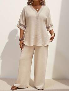 Momelise EMERY ROSE Summer Women's Solid Color Guipure Lace Mesh Sleeve Top And Pants Two Pieces Set - Apricot - View 5