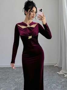Modelyn 女士金属装饰镂空设计长袖优雅连衣裙 - 紅色 - 查看 5