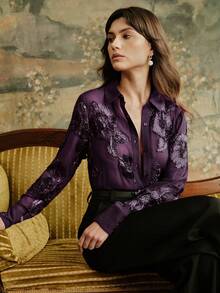 Anewsta Blusa transparente con bordado floral francés elegante y retro para mujer, apta para otoño, invierno, verano, primavera, Año Nuevo, fiesta, boda, elegante, chic, con estilo, casual de negocios - Morado - Ver 6