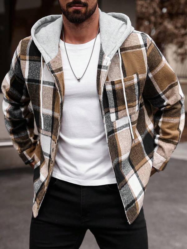 Manfinity CasualCool Men Plus Size Plaid Drawstring Hooded Outing Casual Jacket No T-Shirt, Boyfriend Gifts