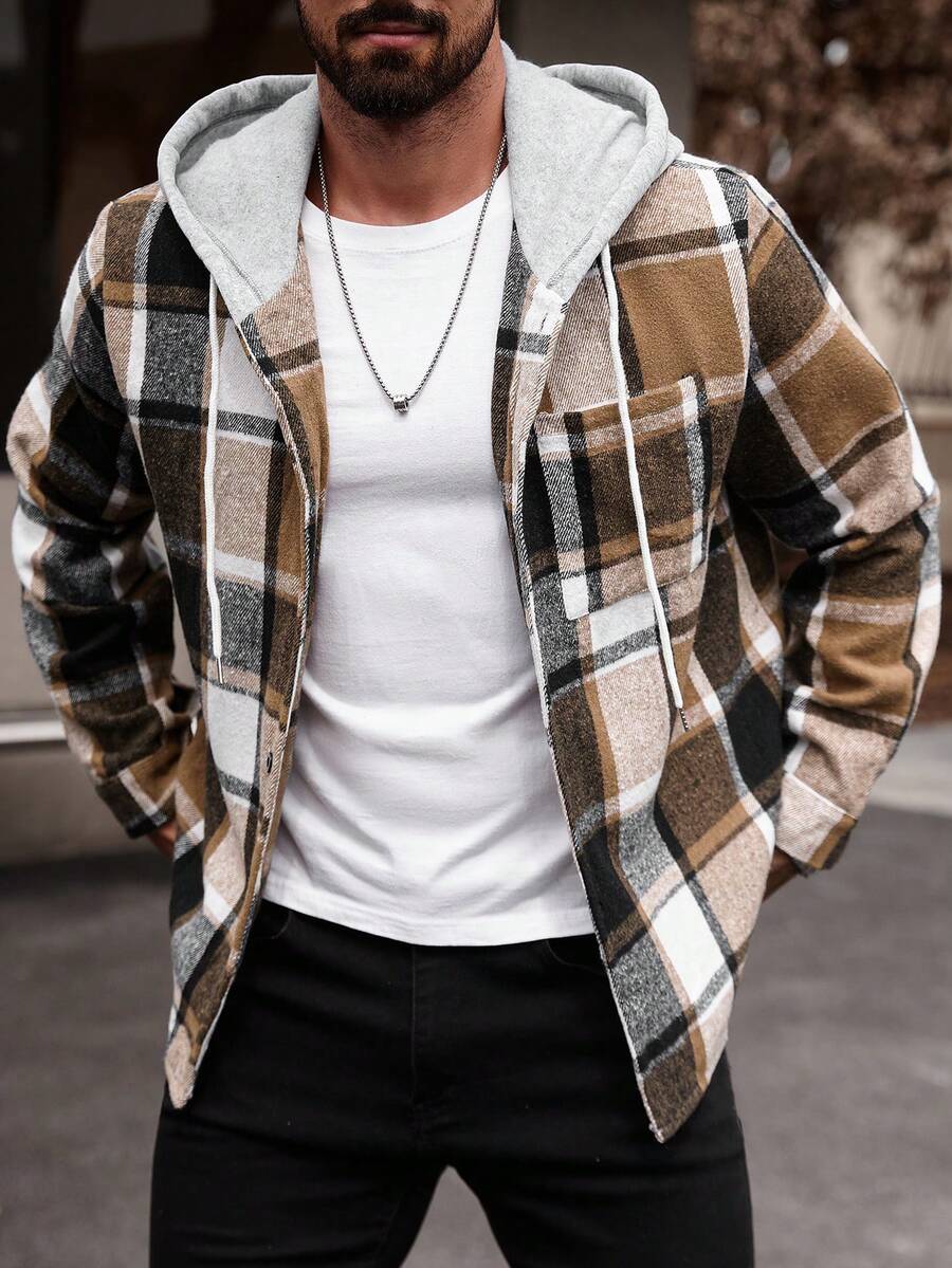 Manfinity Homme 男士加大码格子抽绳连帽休闲长袖衬衫外套，不含T恤，男友礼物