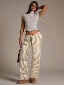 Aloruh Women's Apricot Striped Low-Waist Pants, Autumn/Winter - Apricot - View 3