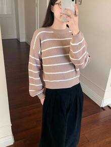 SHEIN 少女卡其色和白色条纹基础款休闲圆领宽松灯笼袖毛衣，返校季，学院风，家居服针织套头衫 - 卡其色 - 查看 4