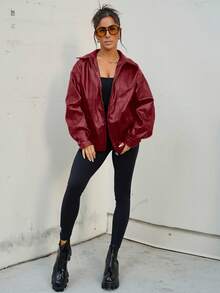 SAYEHFBABY Chaqueta negra de PU con cremallera y hombros caídos para otoño/invierno - Rojo - Ver 6