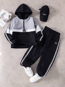 2pcs Boys' Hooded Fleece Jacket Matched With Black Fleece Pants, Soft And Comfortable Fabric, Suitable For Autumn/Winter, Suitable For Outings, Outdoor Sports, School, Photography, And Casual Wear - Black - View 6