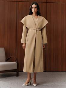 Anewsta Elegant Solid Color Oversized Lapel Overcoat, Autumn/Winter - Khaki - View 4