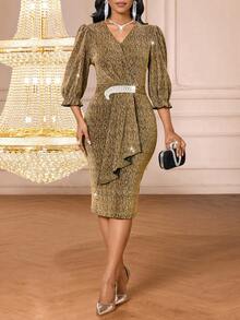 SHEIN Lady 优雅派对金属泡泡袖修身连衣裙 - 金色 - 查看 5