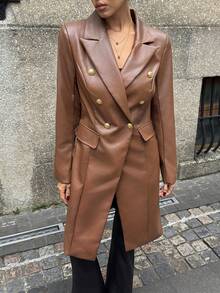 Lavishia Caramel Brown PU Lapel Double-Breasted Cinched Waist Fitted Women Jacket Brown Leather Blazer Women Brown Blazer Women Women Long Blazer Brown Double-Breasted Blazer Leather Blazer Dressy Winter Clothes For Women Christmas New Year Clothes - Brown - View 5