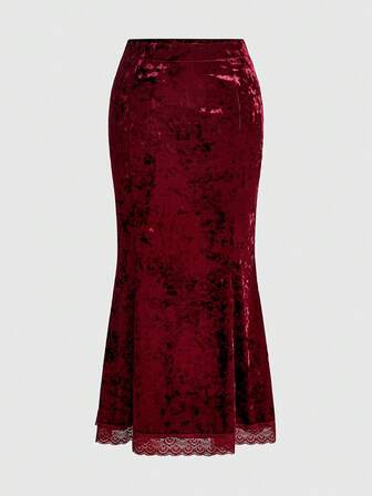 Goth Damen Retro Luxuriöser Diamant Samt Kontrast Spitzenbesatz Meerjungfrau Saum Rock