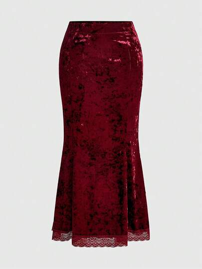 Goth Jupe sirène femme rétro de luxe en velours avec garniture en dentelle contrastée