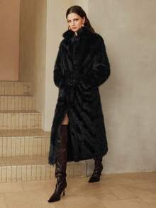 Arave 秋冬通勤时尚纯色人造毛皮夹克 - 黑色 - 查看 7