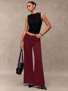 SHEIN BAE 女士条纹印花纽扣休闲百搭阔腿裤 - 酒紅色 - 查看 4