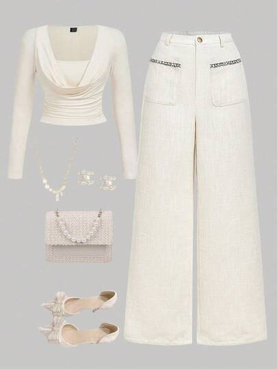 SHEIN MOD Plus Size Women's Apricot Tweed Straight Pants, Autumn And Winter