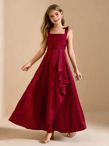 Rochie elegantă pentru fetițe preadolescente cu flori, pentru absolvire, nuntă, bal, potrivită pentru Halloween, Crăciun, rochie midi fără mâneci, cu fundă din satin vișiniu, cu bretele, pentru fetițe preadolescente, rochie de prințesă bufantă la modă, cu tiv deschis, pentru întoarcerea la școală - Burgundia - Vizualizare 5